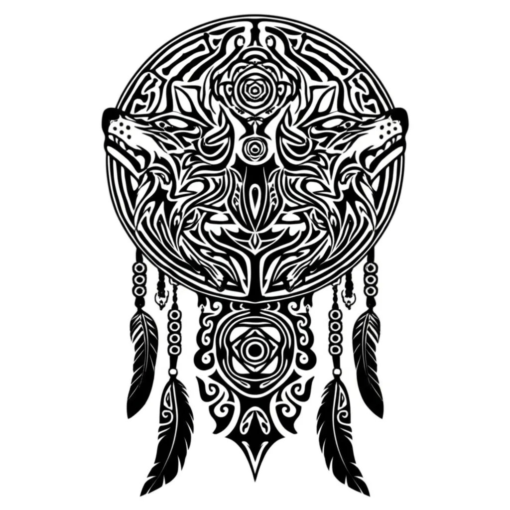 Tribal Two Wolves Dream Catcher Tattoo Design