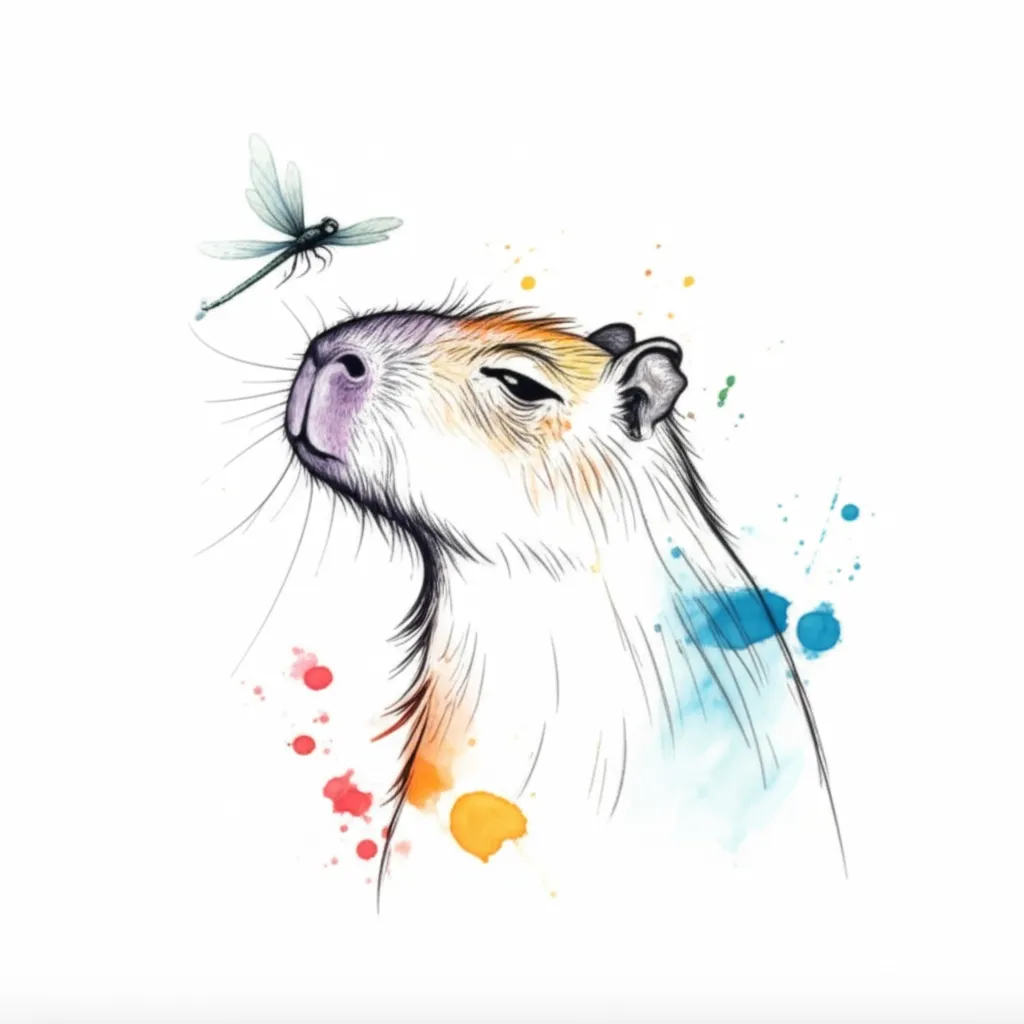 Cute Capybara Tattoo with Dragonfly - Watercolor Style