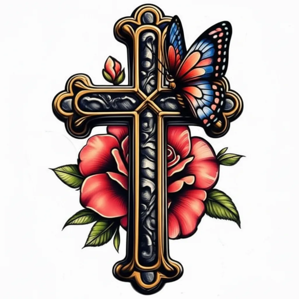 Neo-Traditional Cross Tattoo with Butterfly and Flower on Neck Neo-Traditional Cross Tattoo with Butterfly and Flower on Neck