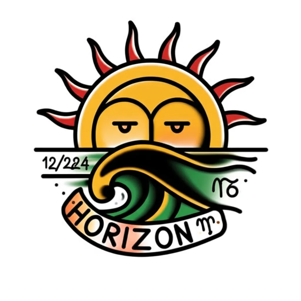American Traditional Sun, Water, Horizon, and Capricorn Tattoo