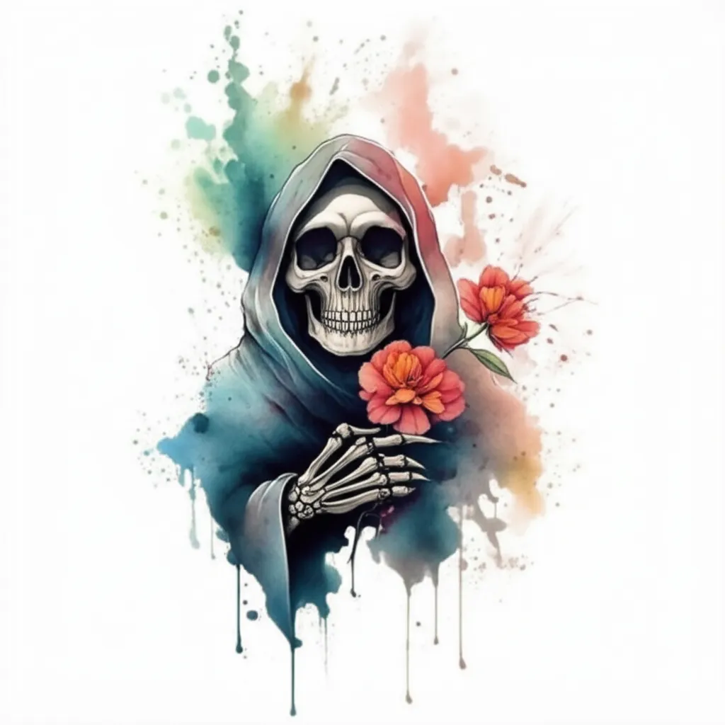Watercolor Grim Reaper Tattoo with Holden Flower Design Watercolor Grim Reaper Tattoo with Holden Flower Design