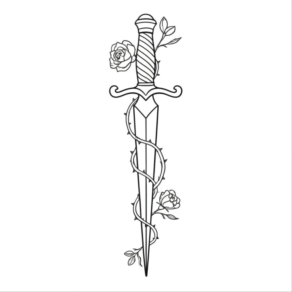 Minimalist Dagger with Thorns and Roses Tattoo Design Minimalist Dagger with Thorns and Roses Tattoo Design