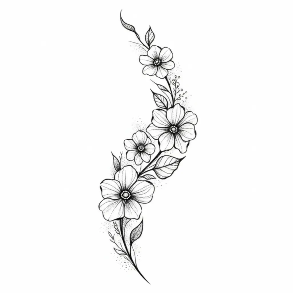 Spine Tattoo Design with Birth Flowers: February, March, August & October Spine Tattoo Design with Birth Flowers: February, March, August & October