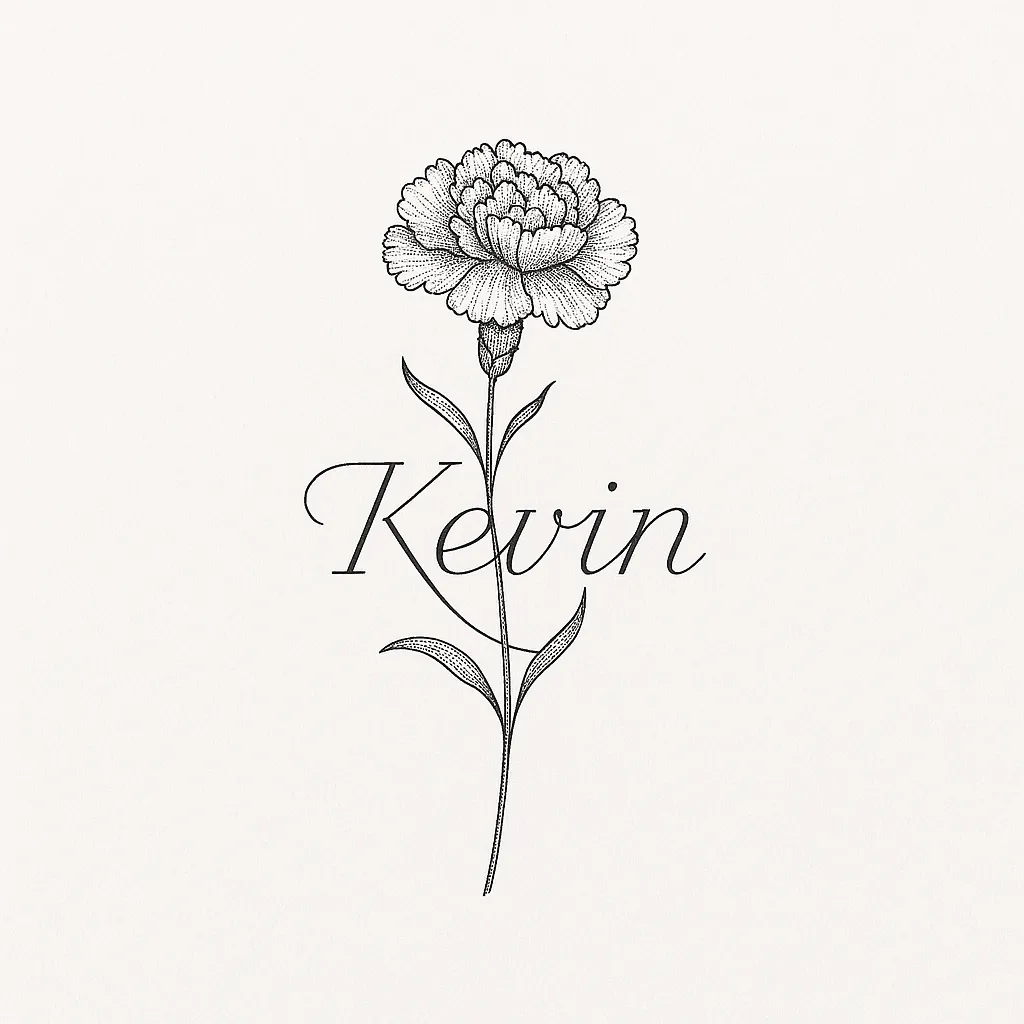 Carnation Flower Tattoo with Name 'Kevin' - Fine Line Style Carnation Flower Tattoo with Name 'Kevin' - Fine Line Style