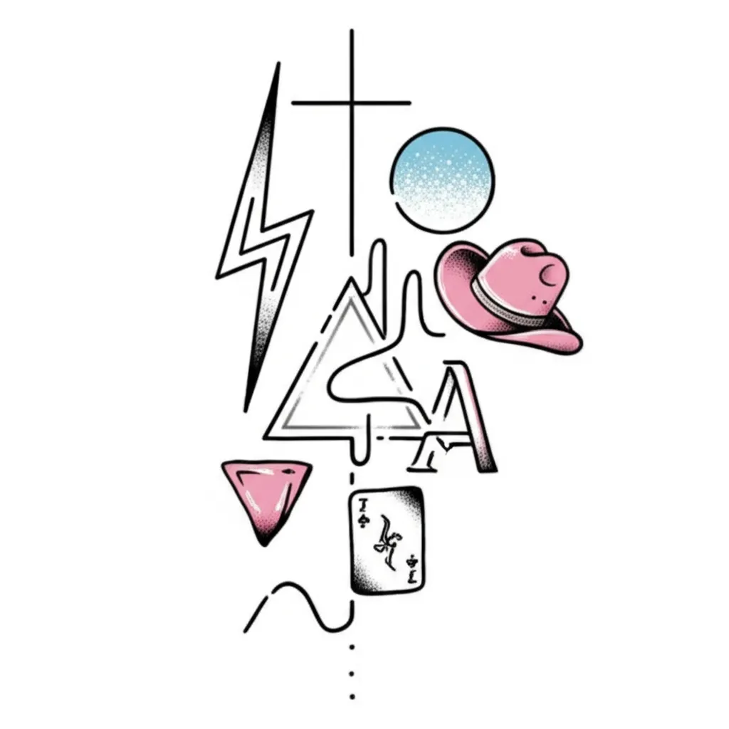 Fine Line Tattoo with Lightning Bolt, Cross, and Pink Cowboy Hat Fine Line Tattoo with Lightning Bolt, Cross, and Pink Cowboy Hat