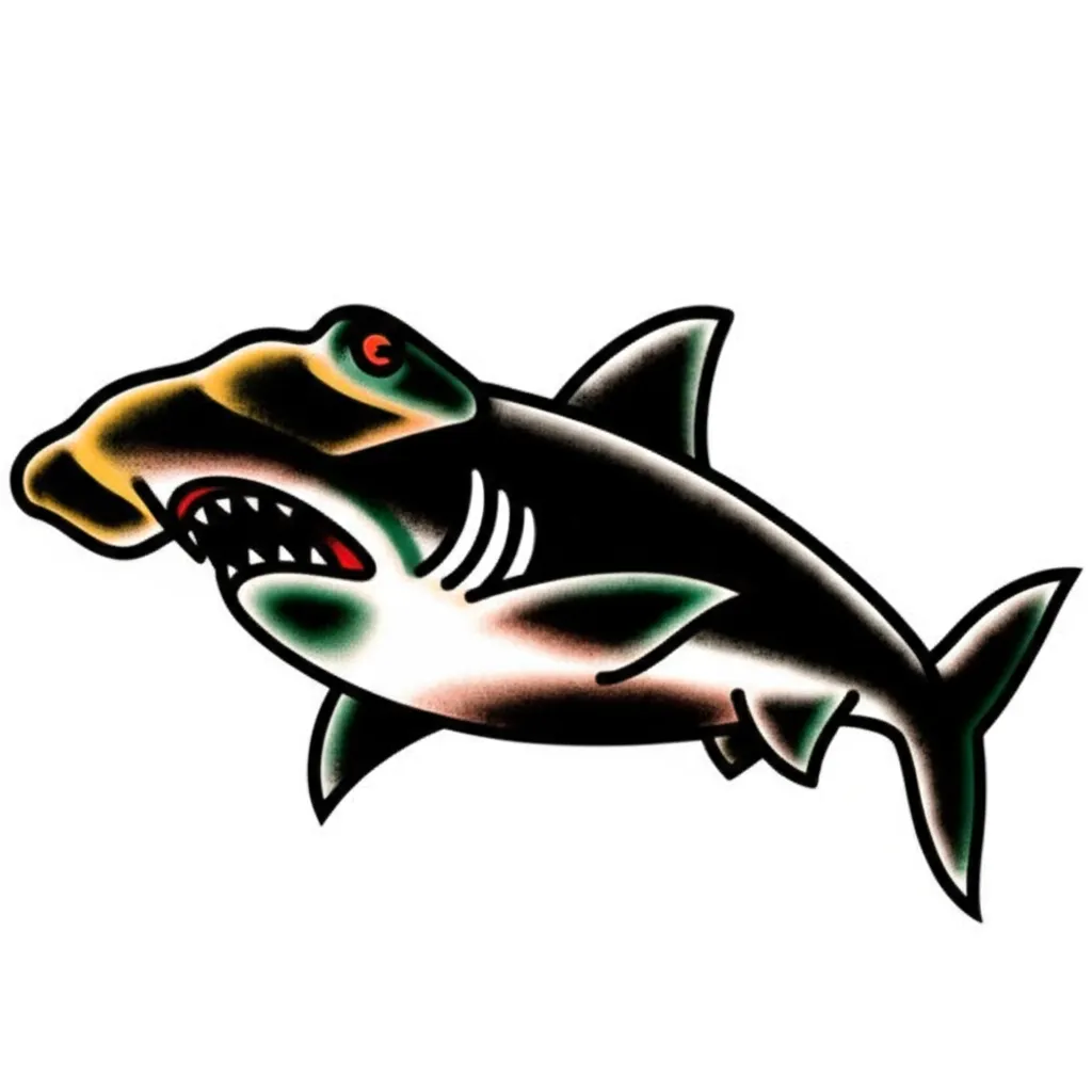 American Traditional Hammerhead Shark Tattoo on Thigh