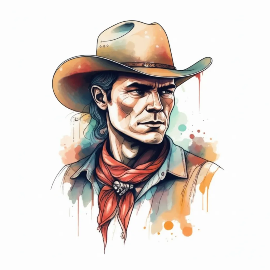 Watercolor Cowboy Tattoo Design: Western Country Style Watercolor Cowboy Tattoo Design: Western Country Style