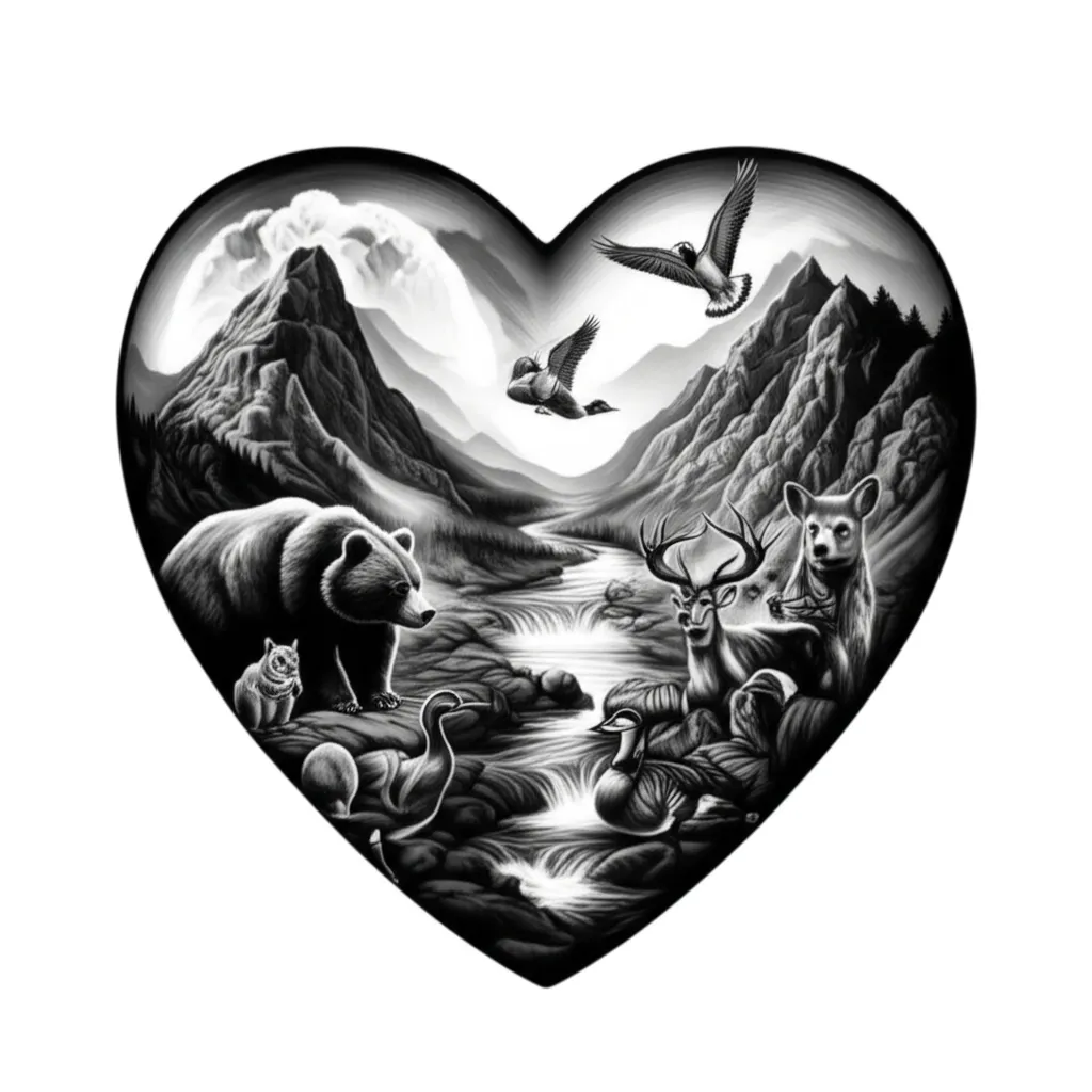 Realistic Heart Tattoo with Mountain Landscape and Wildlife Realistic Heart Tattoo with Mountain Landscape and Wildlife