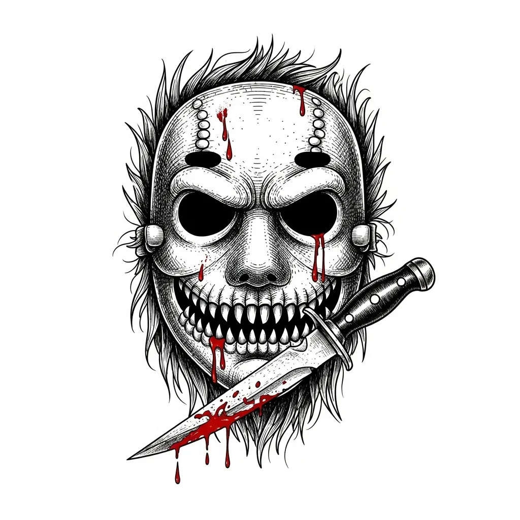 Scary Jason Mask with Knife Tattoo Idea - Illustrative Style