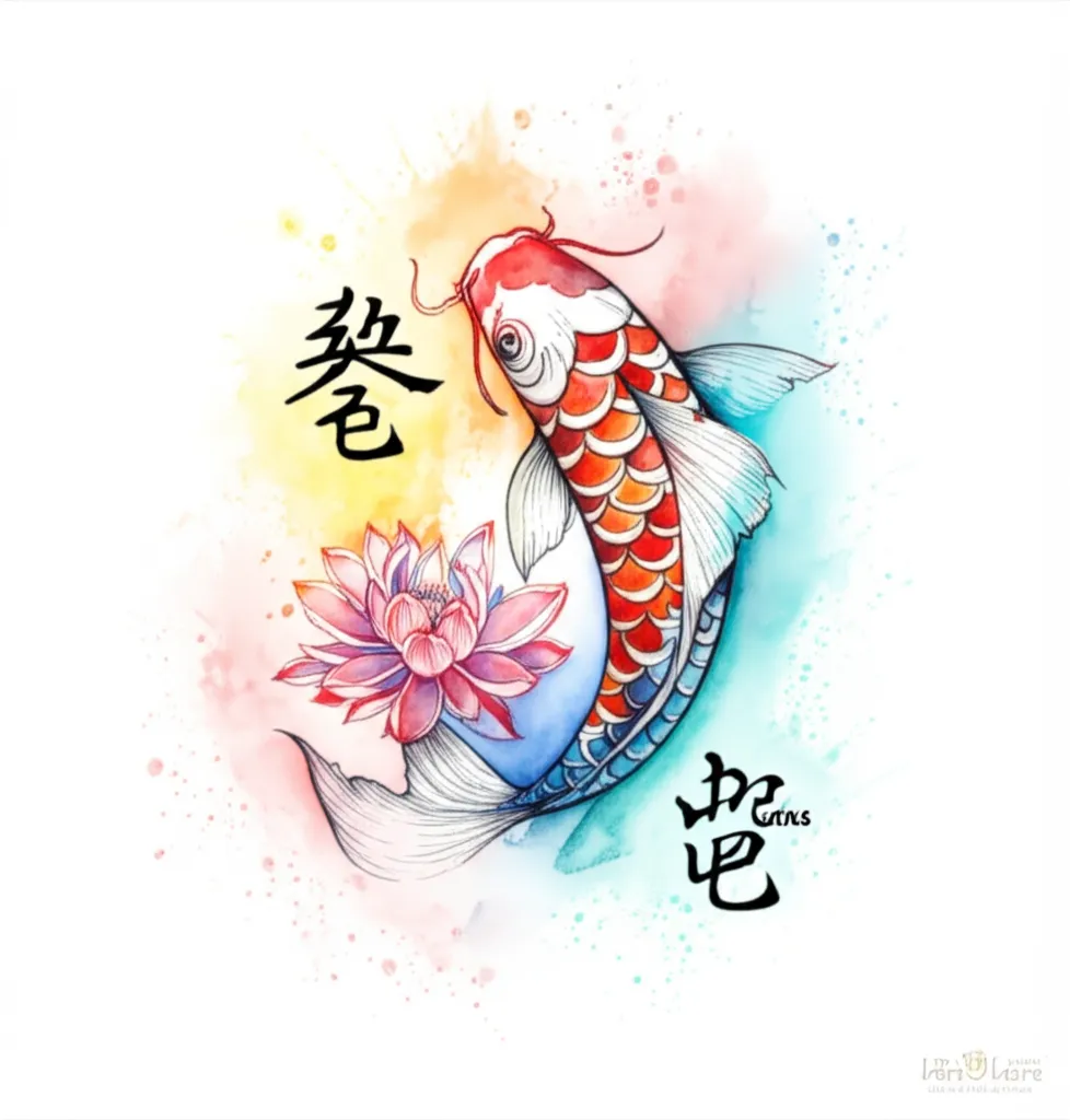 Watercolor Koi Fish Tattoo with Lotus Flower and Japanese Symbols