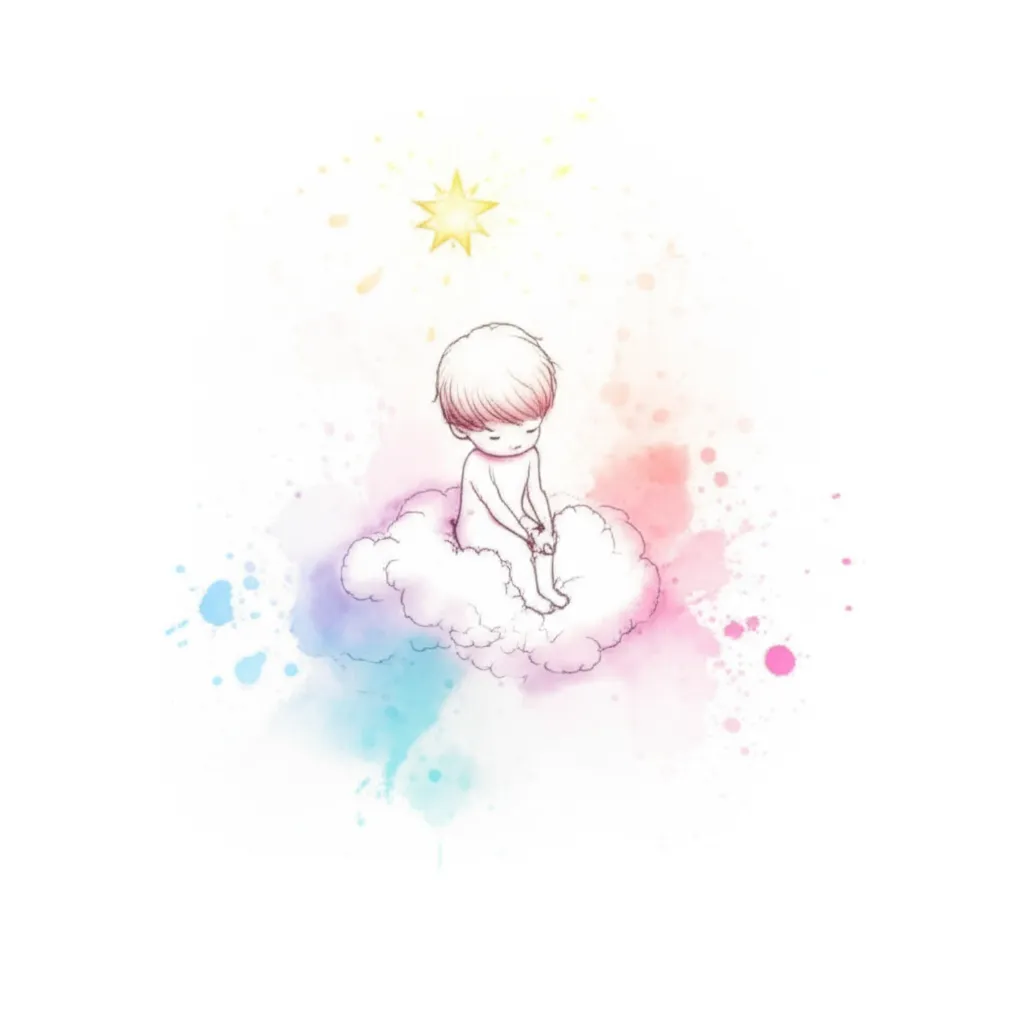 Dreamy Watercolor Tattoo: Little Figure on Cloud with Shining Star Dreamy Watercolor Tattoo: Little Figure on Cloud with Shining Star