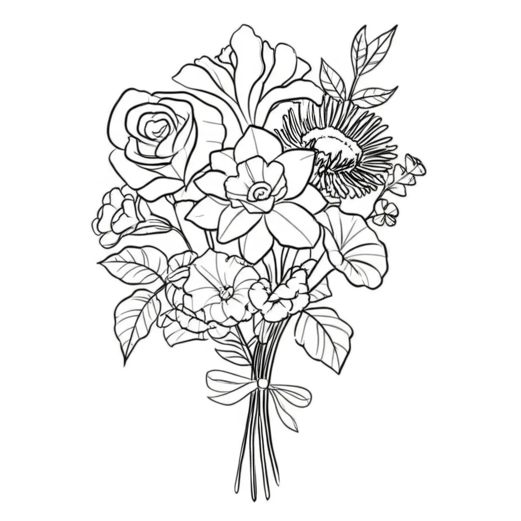 Fine Line Flower Bouquet Tattoo: Rose, Iris, Aster, Narcissus Design