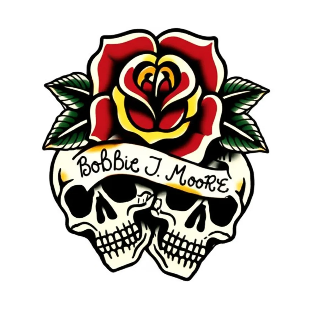 American Traditional Rose and Skulls Tattoo with Name Bobbie J. Moore