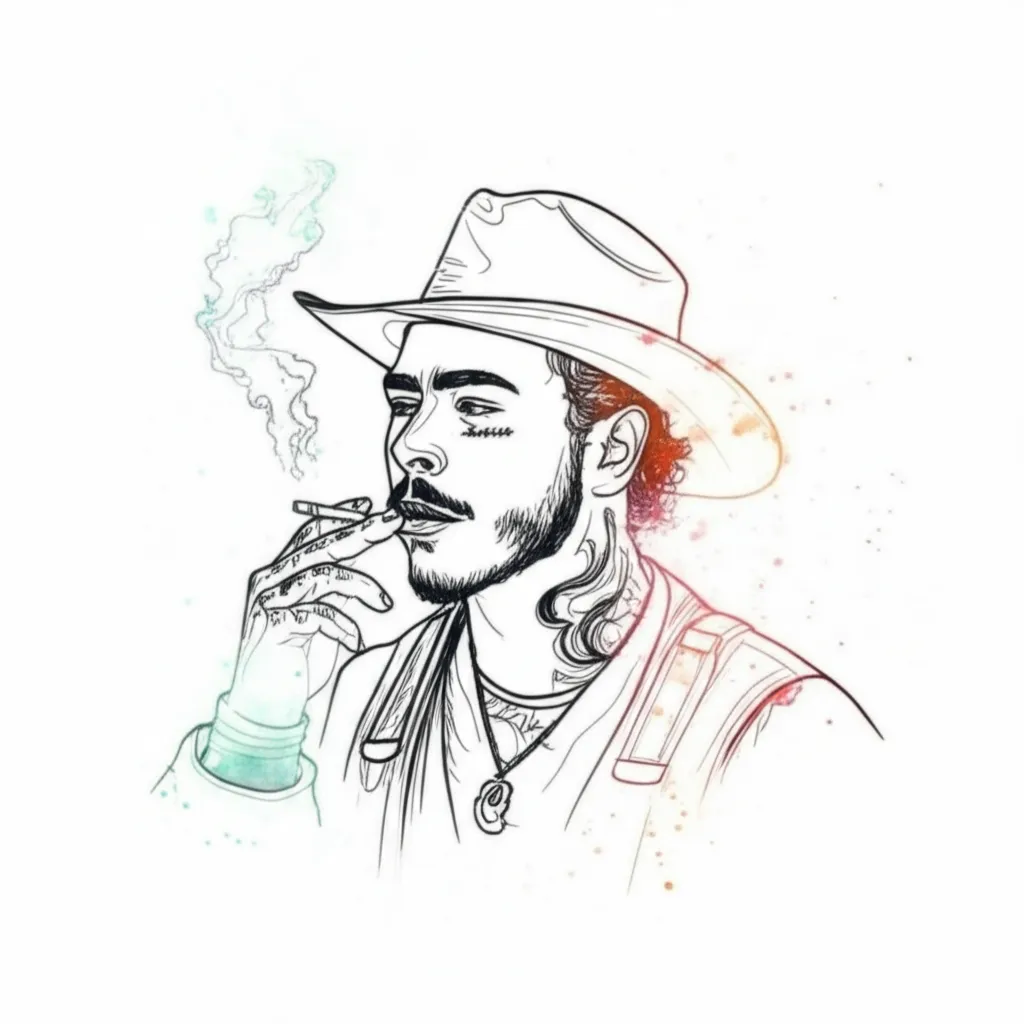 Post Malone Watercolor Tattoo Design with Cowboy Hat