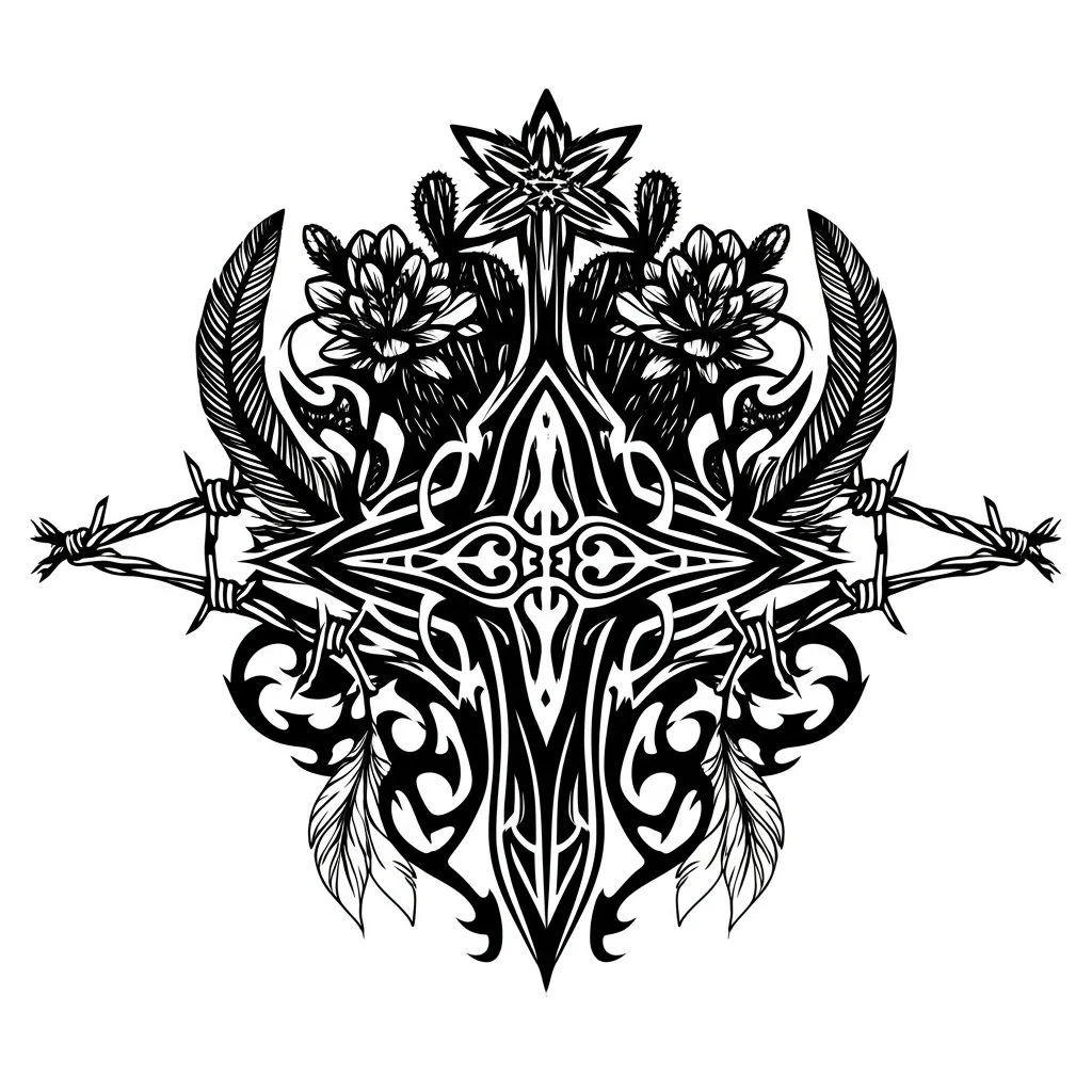 Tribal Sleeve Tattoo Design with Cow Tags, Barbed Wire, Cross, Cactus Flowers, and Bird Feathers