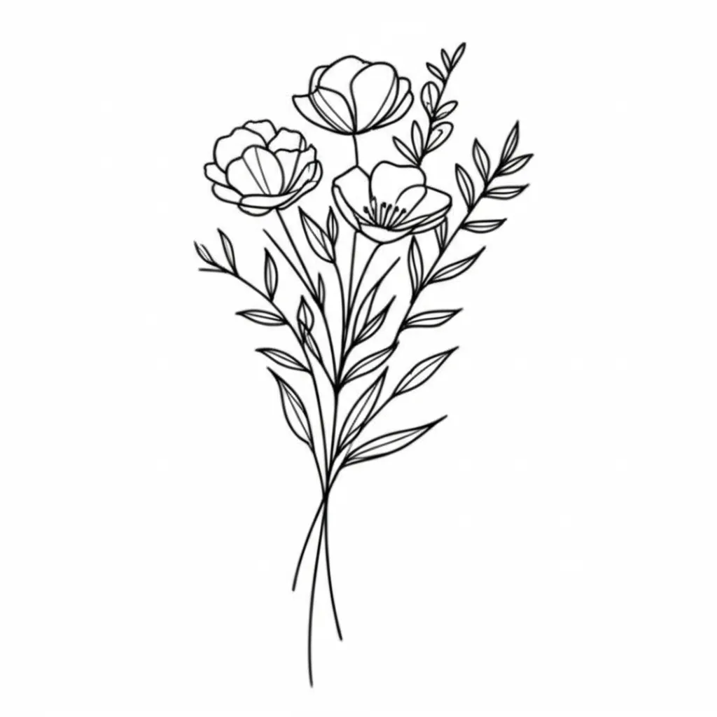 Minimalist Birth Month Flower Bouquet Tattoo: September, August, February Minimalist Birth Month Flower Bouquet Tattoo: September, August, February