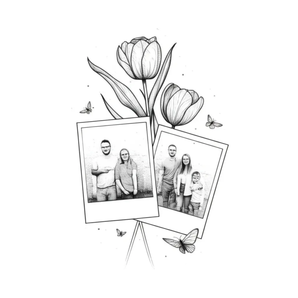 Fine Line Polaroid Family Photo Tattoo with Tulips and Butterflies