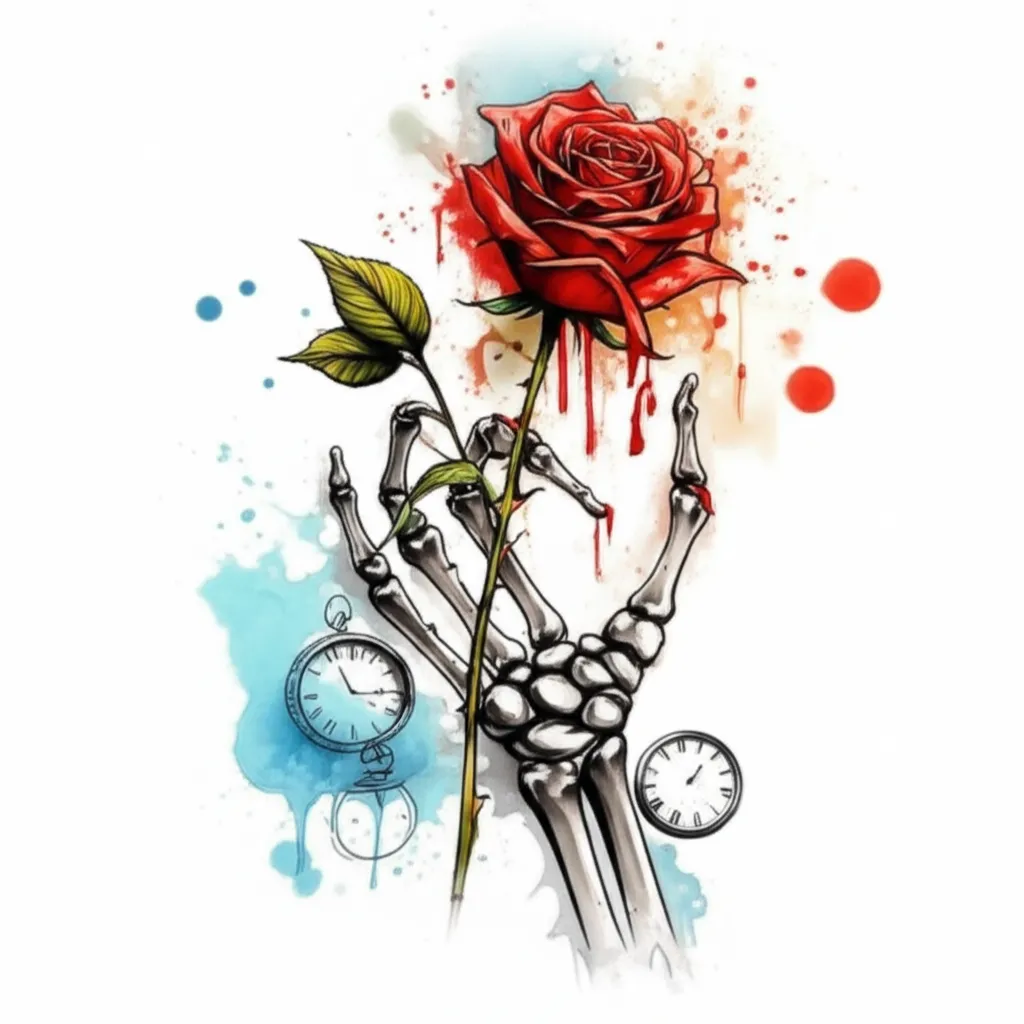 Watercolor Skeleton Hand Rose Tattoo Design with Dripping Blood and Clocks