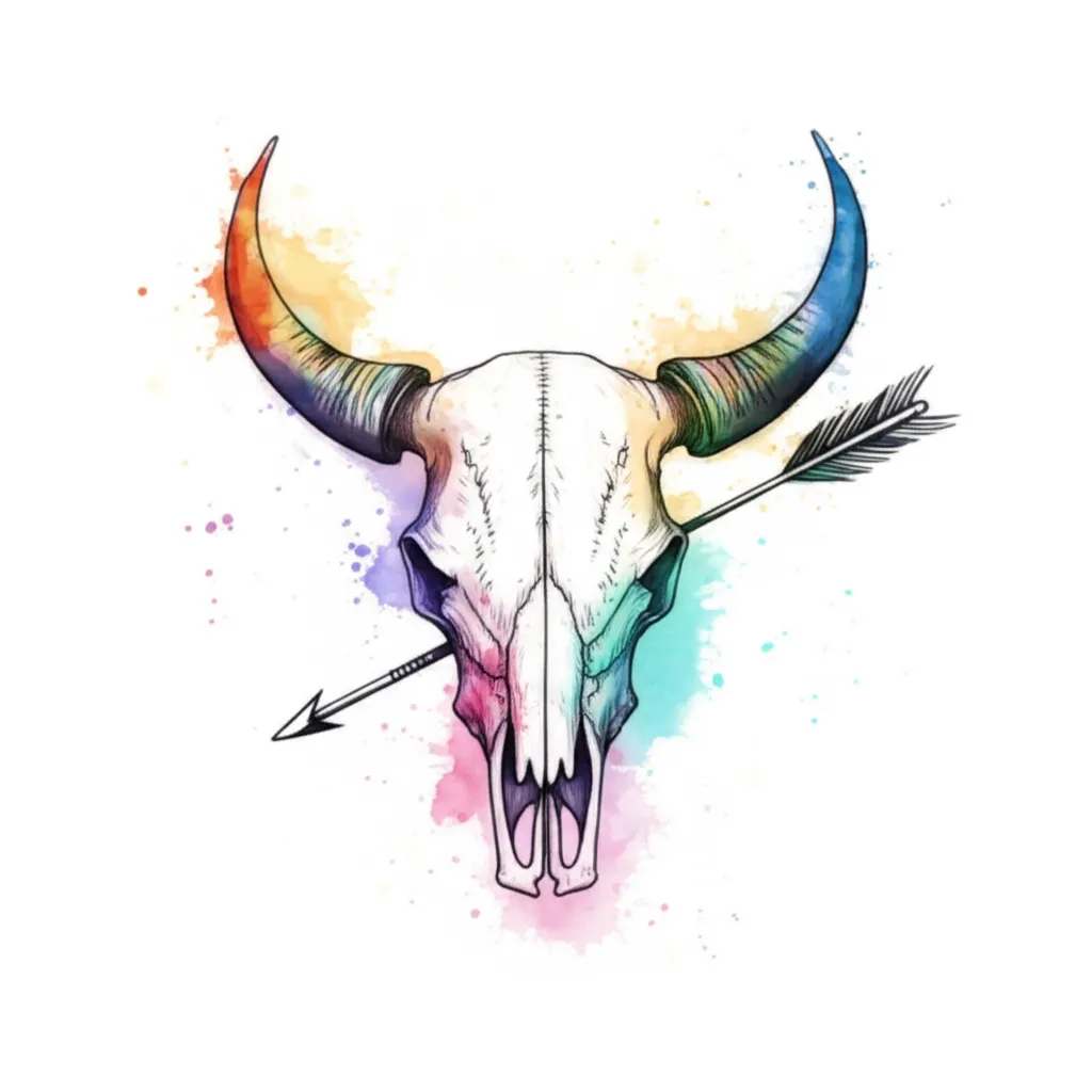 Watercolor Bull Skull Tattoo with Arrow - Unique Design Ideas