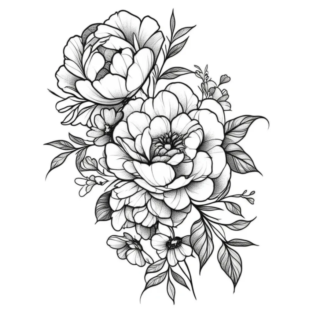Fine Line Peony and Floral Arm Tattoo Design