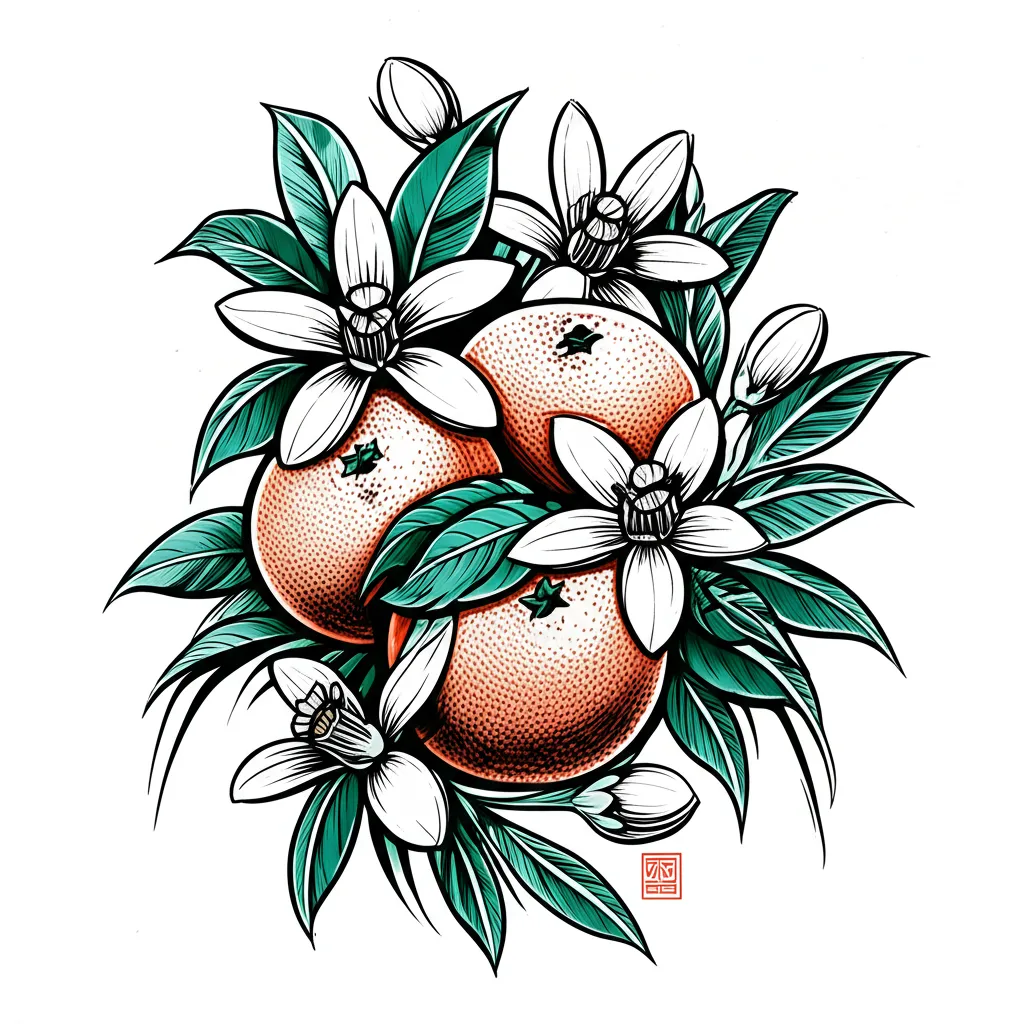 Japanese Traditional Orange and Flower Tattoo Design Japanese Traditional Orange and Flower Tattoo Design