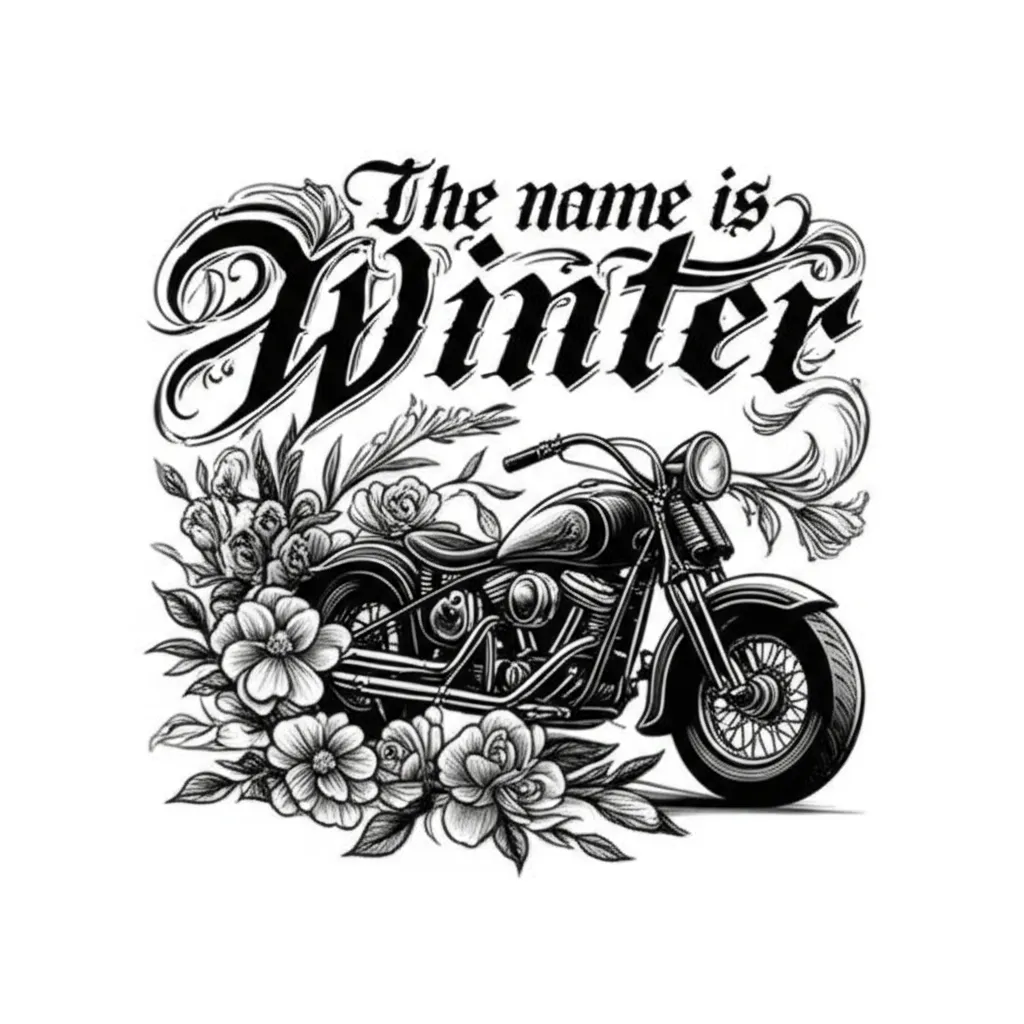 Winter Name Tattoo with Gothic Flowers and Motorcycle Winter Name Tattoo with Gothic Flowers and Motorcycle