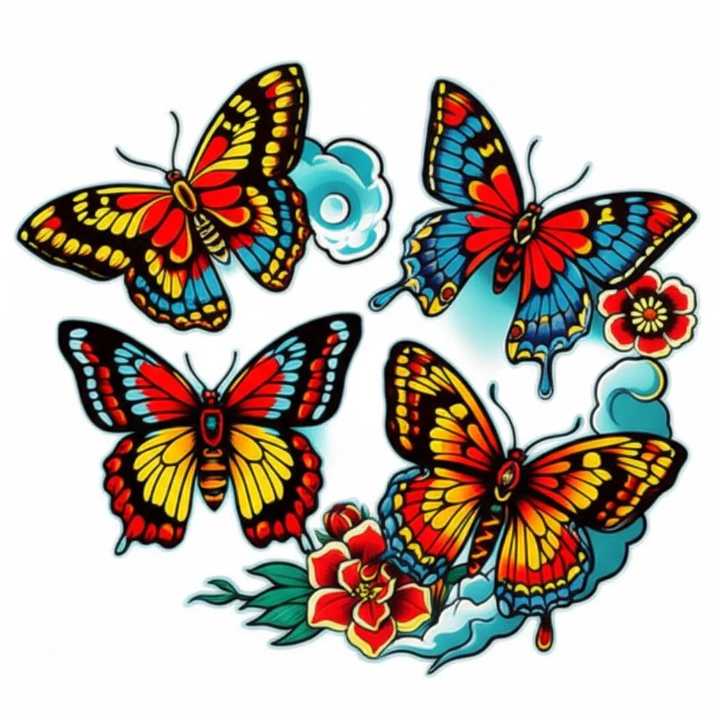 Anime Butterfly Tattoo with Clouds and Flowers - Unique Design