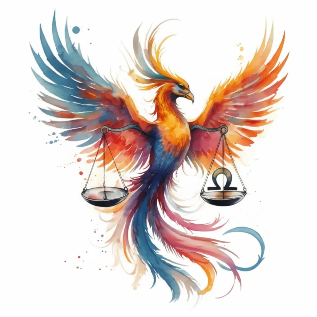 Watercolor Phoenix Libra Scale Tattoo Design