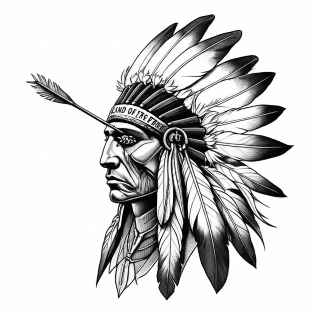 Illustrative Native American Chief Tattoo with Arrow and Stitched Eyes