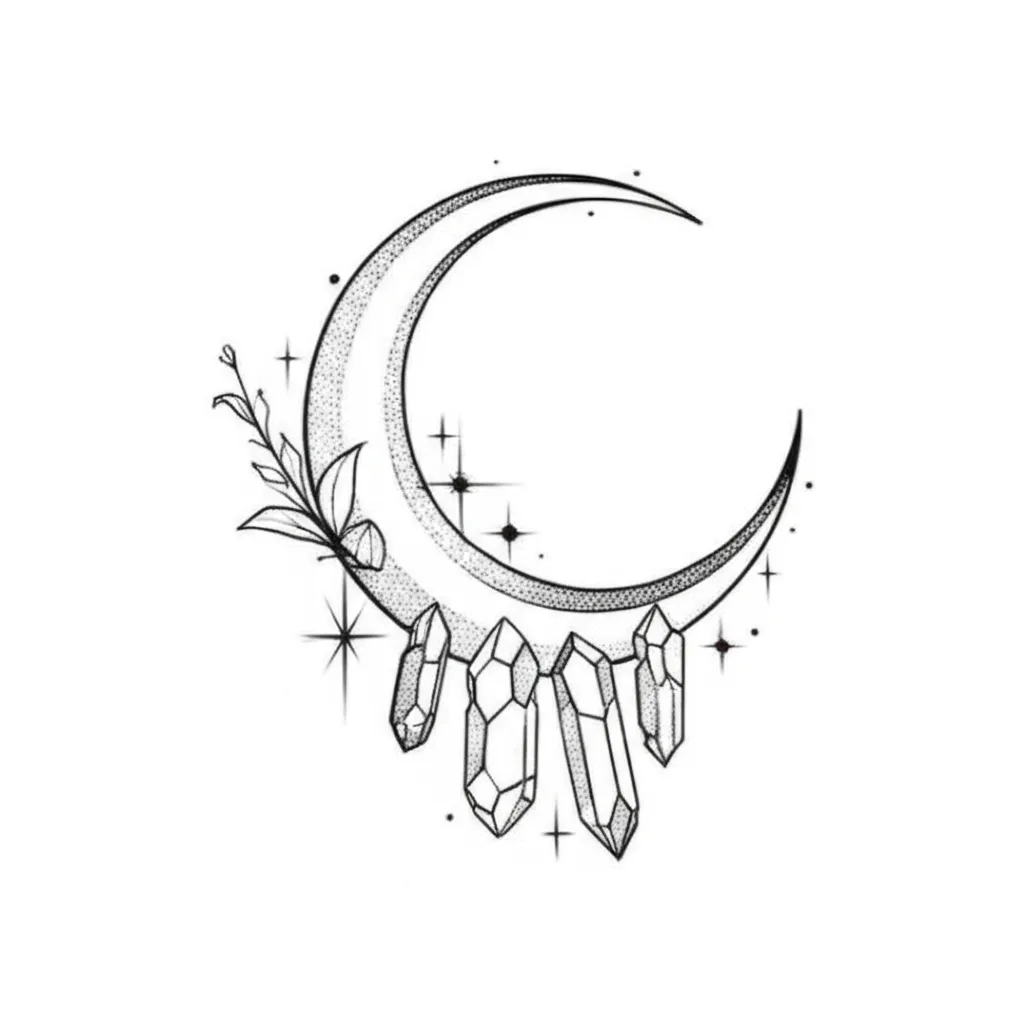 Fine Line Moon, Crystals, and Stars Tattoo Design
