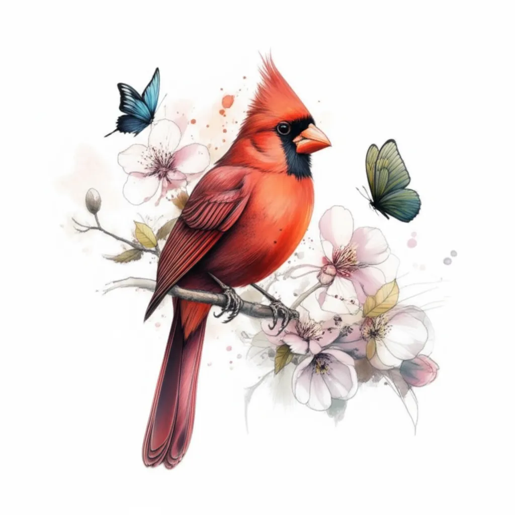 Watercolor Cardinal Tattoo with Flowers and Butterflies