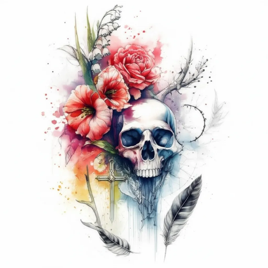 Watercolor Sleeve Tattoo Design with Skull, Flowers, and Cross