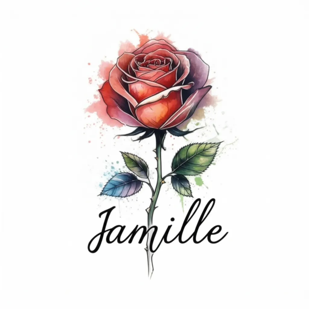Watercolor Rose Tattoo with Name Jamille - Unique Floral Design