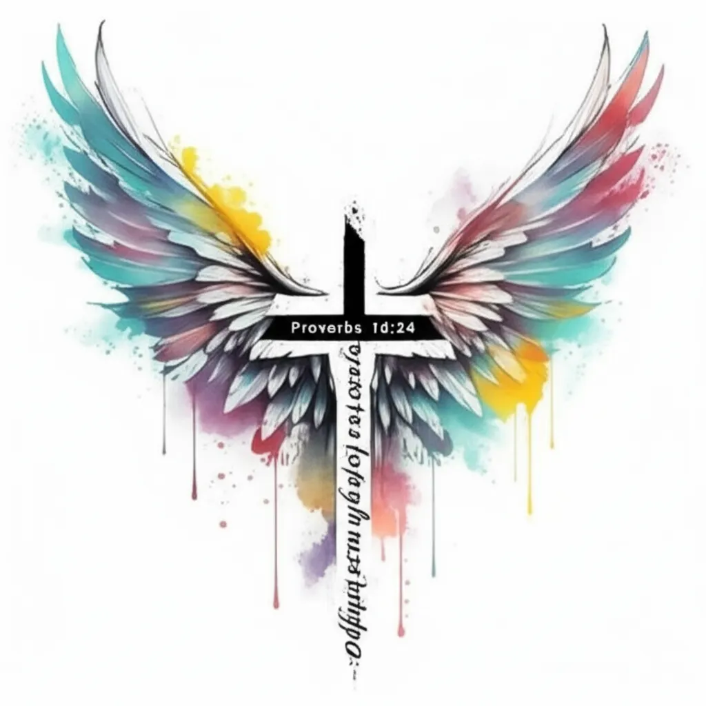 Watercolor Wings and Cross Back Tattoo with Bible Verse Watercolor Wings and Cross Back Tattoo with Bible Verse