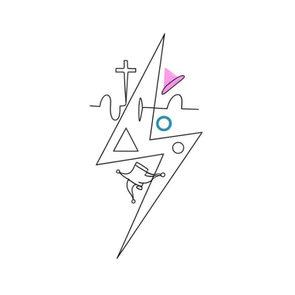 Minimalist Lightning Bolt Tattoo with Symbols: Cross, Triangle, Orb, Hat, Sine Wave, Joker Card, and Upside Down A