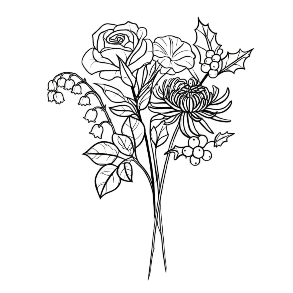 Minimalist Black and White Flower Bouquet Tattoo: Rose, Lily, and More Minimalist Black and White Flower Bouquet Tattoo: Rose, Lily, and More