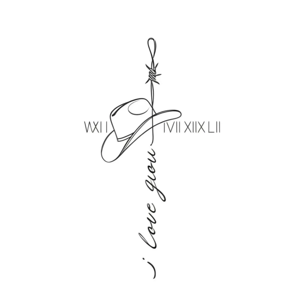 Minimalist Cross Cowboy Hat Tattoo with Roman Numerals and 'I Love You' Minimalist Cross Cowboy Hat Tattoo with Roman Numerals and 'I Love You'