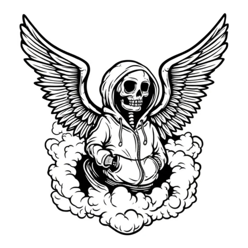 Skeleton in Hoodie with Angel Wings Graffiti Tattoo Design Skeleton in Hoodie with Angel Wings Graffiti Tattoo Design