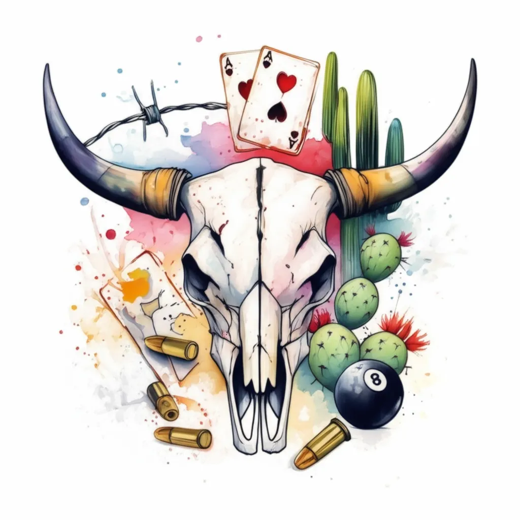 Watercolor Western Arm Sleeve Tattoo for Women: Longhorn Skull, Bullets, & More