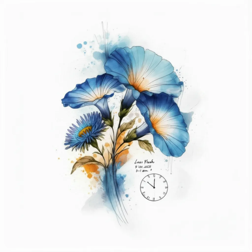 Watercolor Morning Glory & Aster Flowers Tattoo with Date & Time