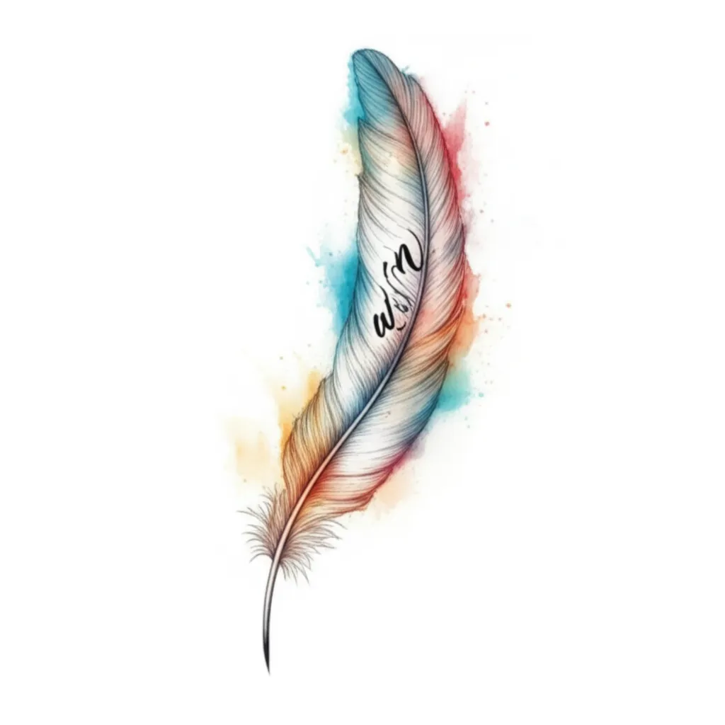 Watercolor Feather Tattoo with 'Win' Inscription Behind the Ear
