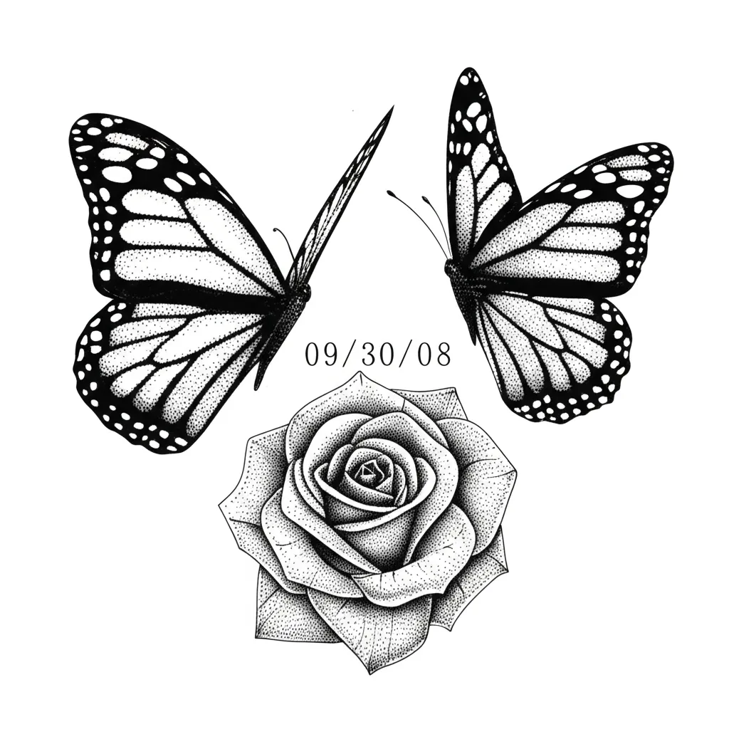 Butterfly and Rose Foot Tattoo with Date in Dotwork Style