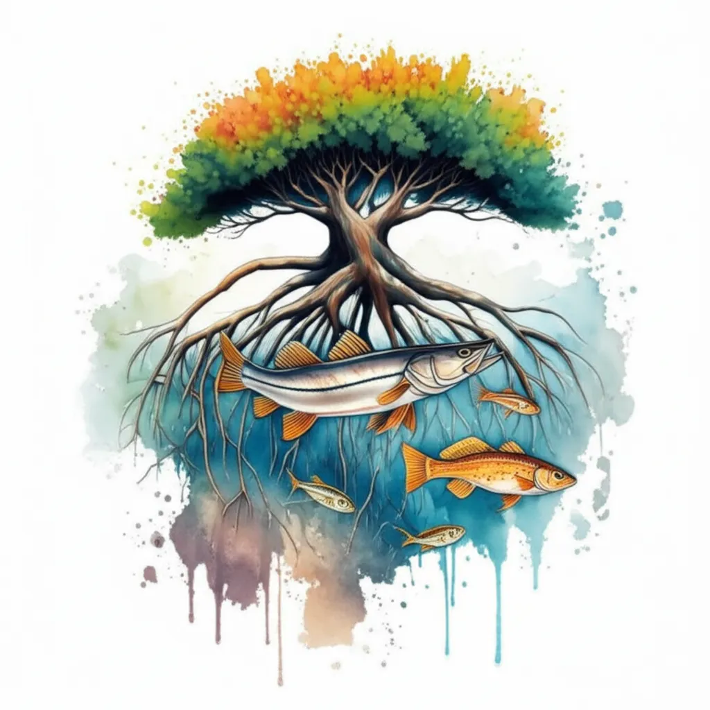 Watercolor Mangrove Tree Tattoo with Snook and Redfish Watercolor Mangrove Tree Tattoo with Snook and Redfish