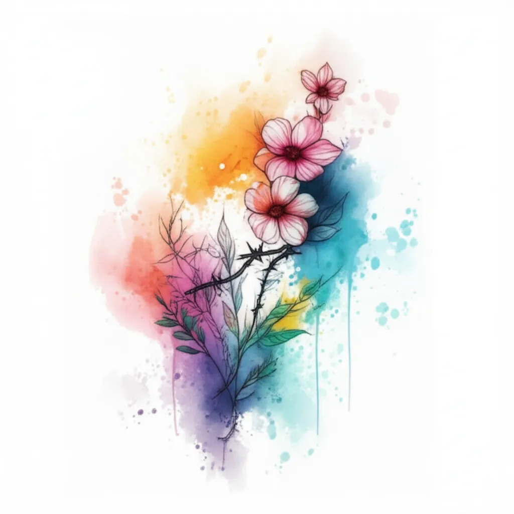Watercolor Floral Hip Tattoo with Barbwire - Unique Design