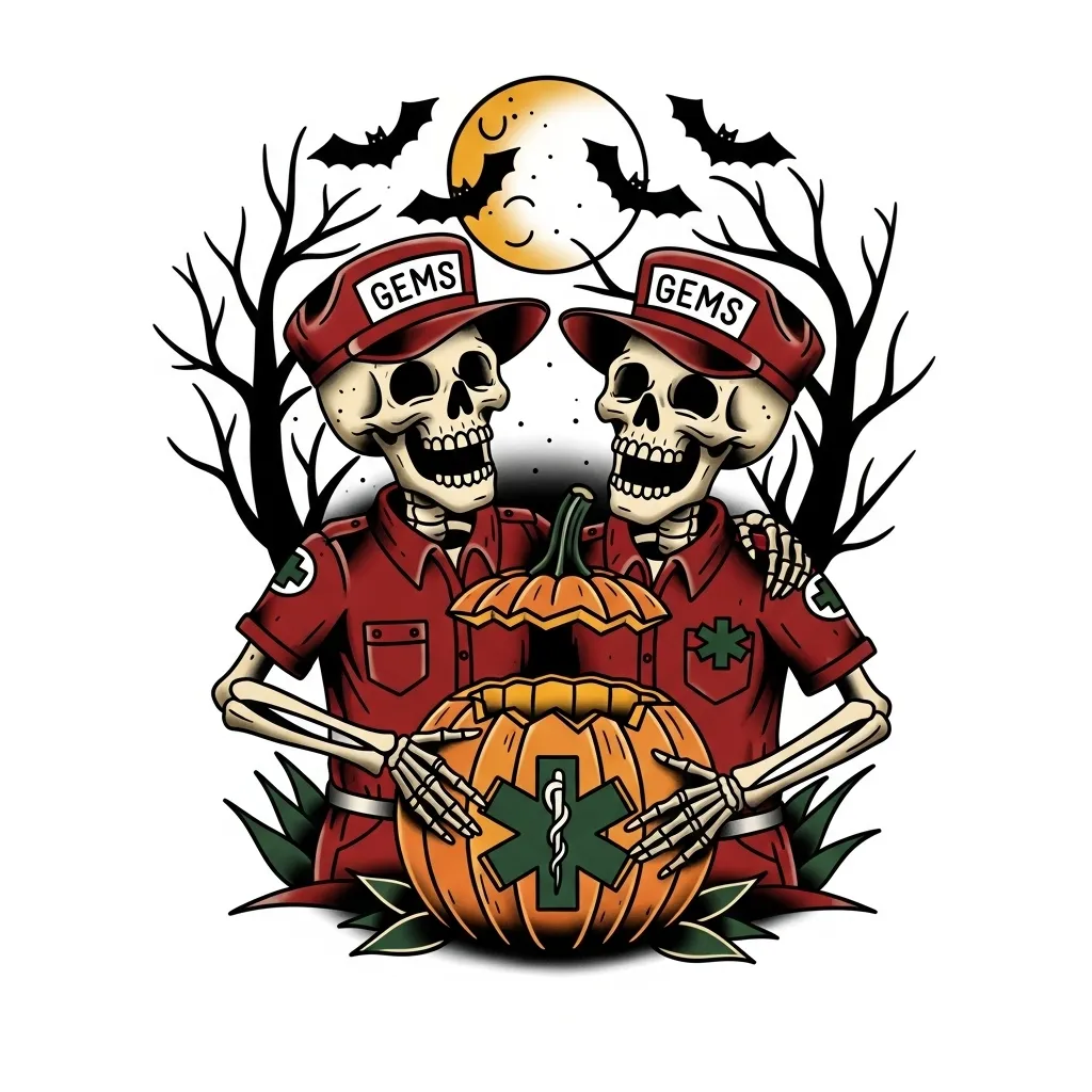 American Traditional Tattoo: Paramedic Skeletons Carving Halloween Pumpkin American Traditional Tattoo: Paramedic Skeletons Carving Halloween Pumpkin