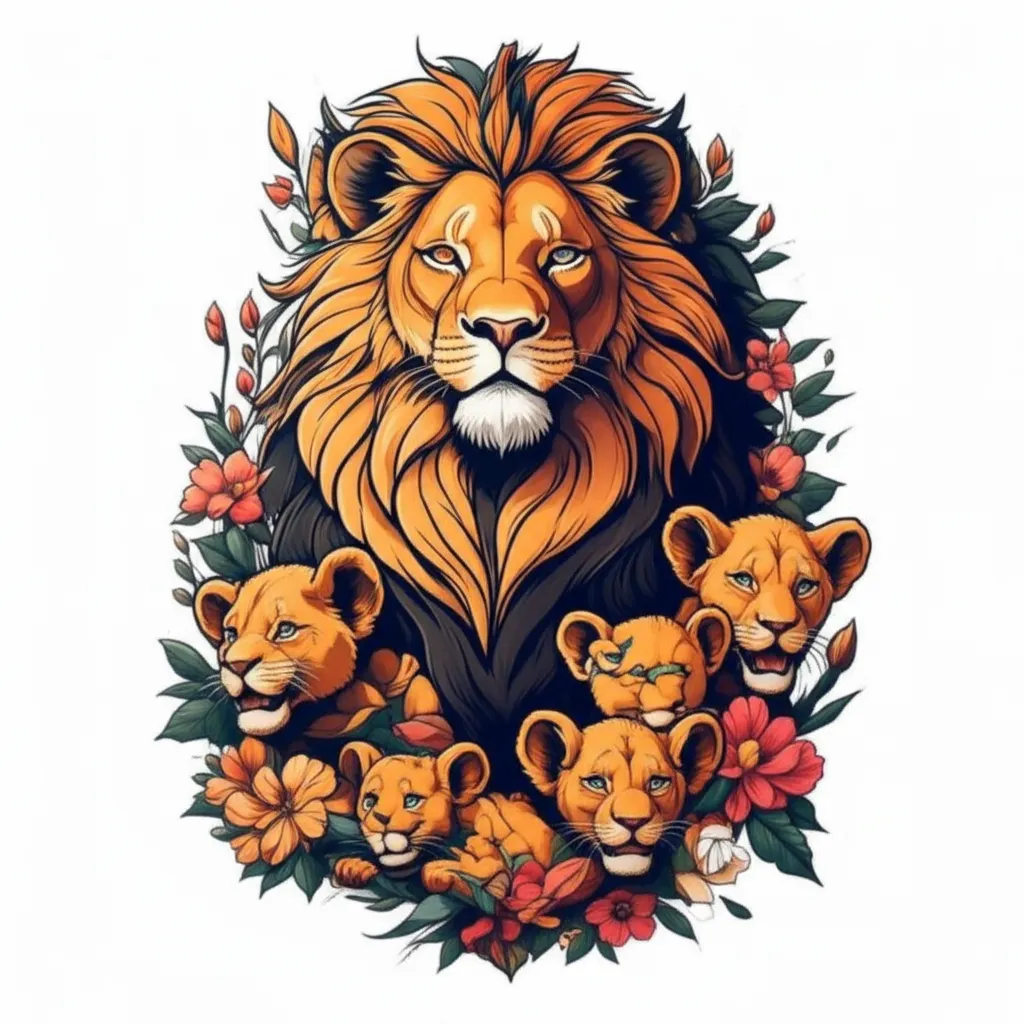 Anime Lioness Tattoo with Cubs and Flowers: A Symbol of Motherhood Anime Lioness Tattoo with Cubs and Flowers: A Symbol of Motherhood