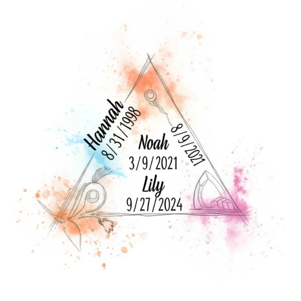 Watercolor Triangle Tattoo with Names and Dates - Hannah, Noah, Lily Watercolor Triangle Tattoo with Names and Dates - Hannah, Noah, Lily