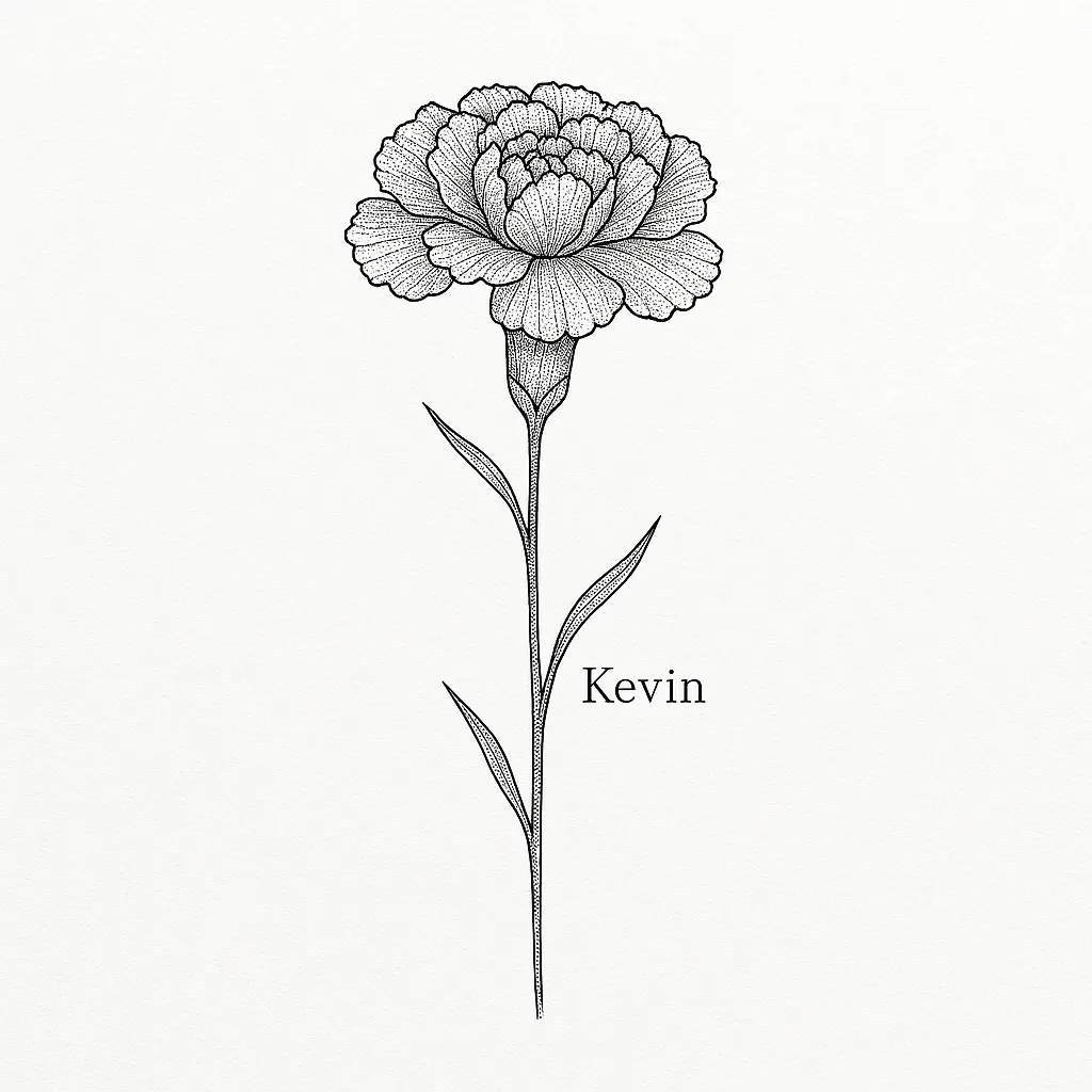 Fine Line Carnation Flower Tattoo with Name 'Kevin' Fine Line Carnation Flower Tattoo with Name 'Kevin'