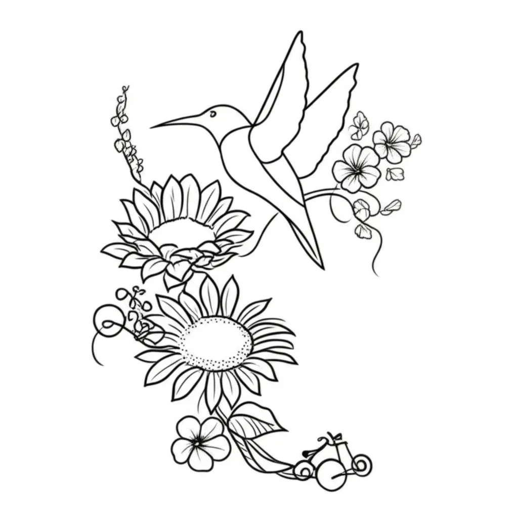 Minimalist Hummingbird, Sunflower & Harley Davidson Tattoo Design Minimalist Hummingbird, Sunflower & Harley Davidson Tattoo Design