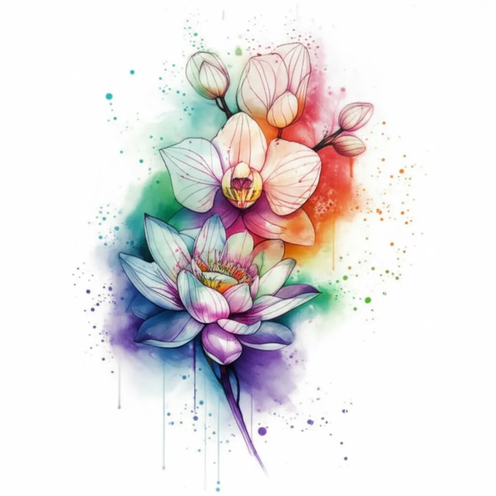 Watercolor Orchid and Lotus Flower Sleeve Tattoo Design